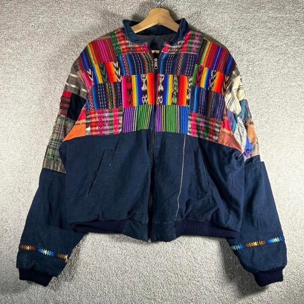 Vintage denim Aztec multicolor patchwork western bomber jacket